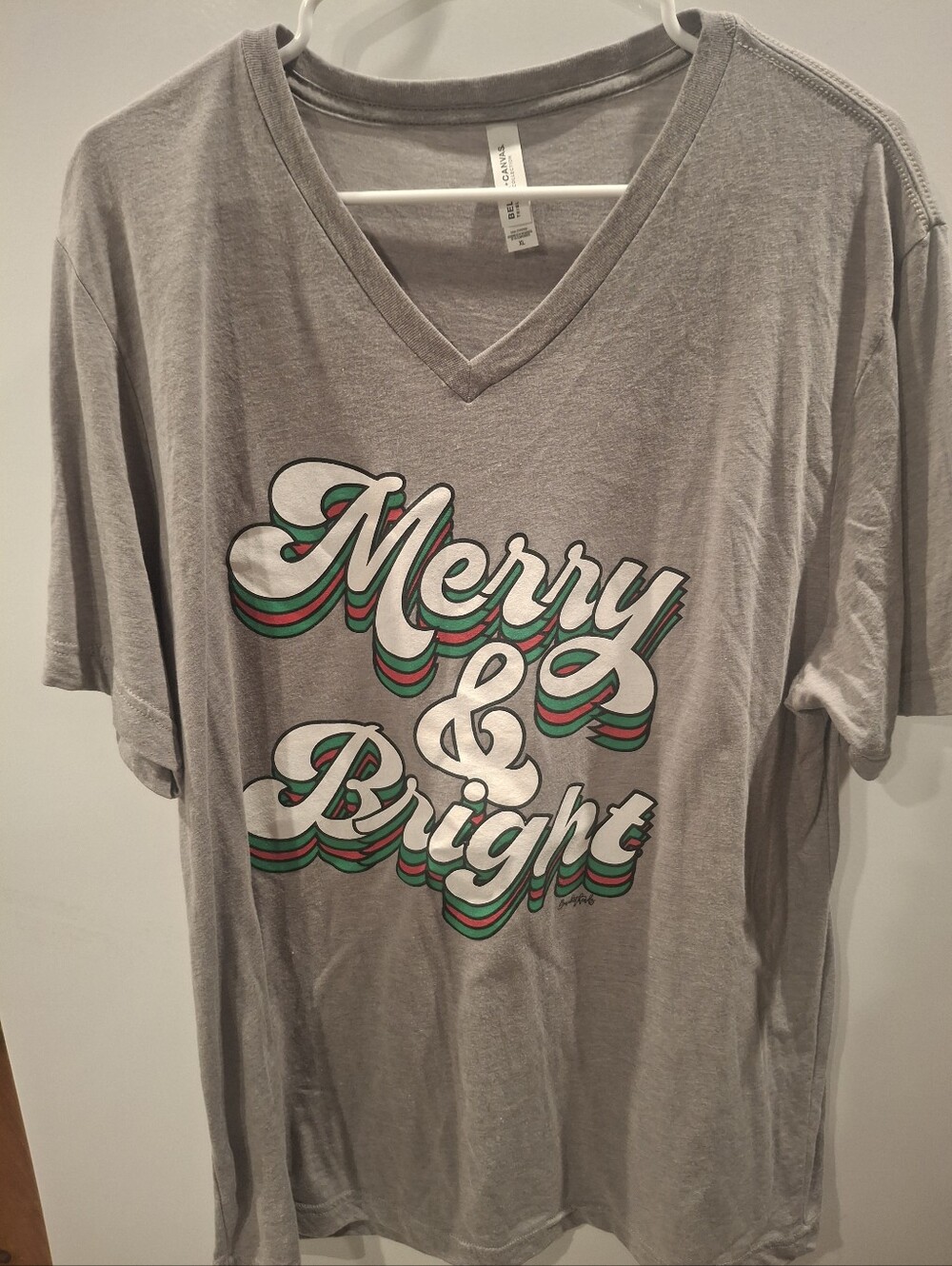 Bella Canvas Gray V-Neck 'Merry & Bright' Graphic Tee with Red and Green Accents